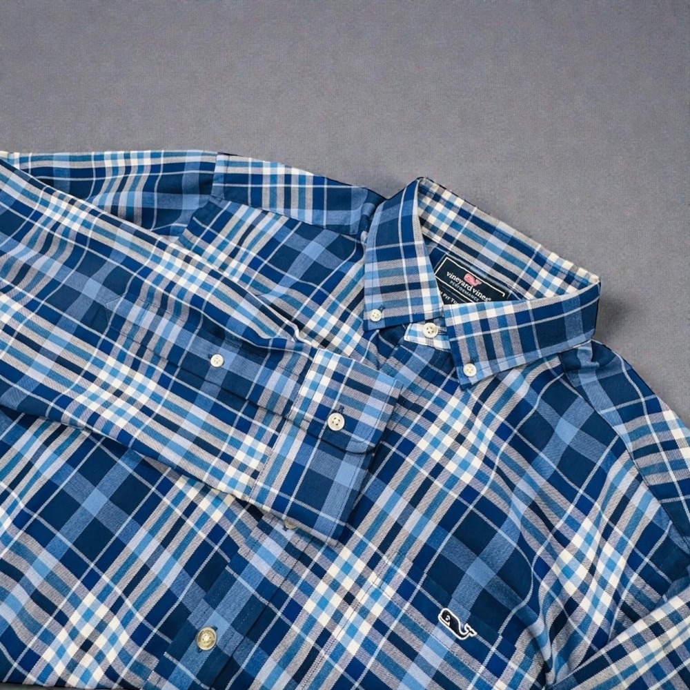 Vineyard Vines Performance Slim Fit Tucker Shirt Men's L Blue Plaid Button Down